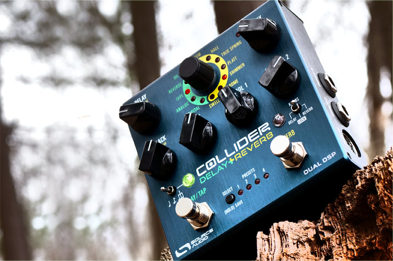 Collider Delay+Reverb: a combination reverb and delay effects pedal for guitar, bass, and synthesizer. Simultaneously run two delay and/or reverb effects including tape delay, analog delay, spring reverb, plate reverb, shimmer reverb and more.