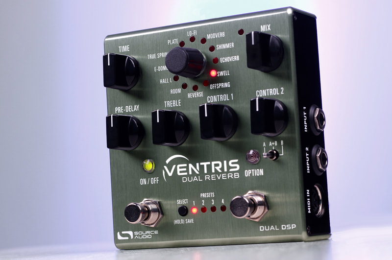 Ventris Dual Reverb: a reverb effects pedal for guitar, bass, and synthesizer. Run two reverb effects simultaneously and choose from 12 different reverb effects including spring, shimmer, plate, reverse, hall, and more.