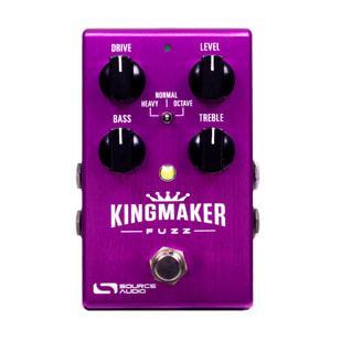 The Kingmaker Fuzz is a stereo, MIDI compatible fuzz pedal with nearly 50 types of guitar overdrive, fuzz, and distortion. The pedal features tones based on Marshall amplifiers, the Big Muff Pi, Tubescreamer, Fuzz Face, Octavia, and more.