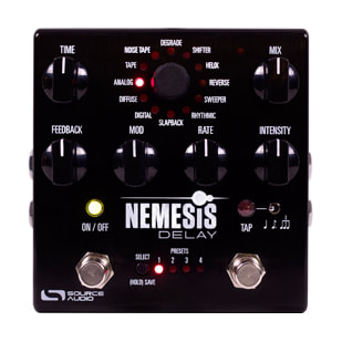 The Nemesis Delay from Source Audio. A stereo delay pedal that features 20 different delay effects including sounds base on the Echoplex tape delay, Memory Man analog delay, oil can delay, filtered delay, reverse delay, pitch shifting delay and more.